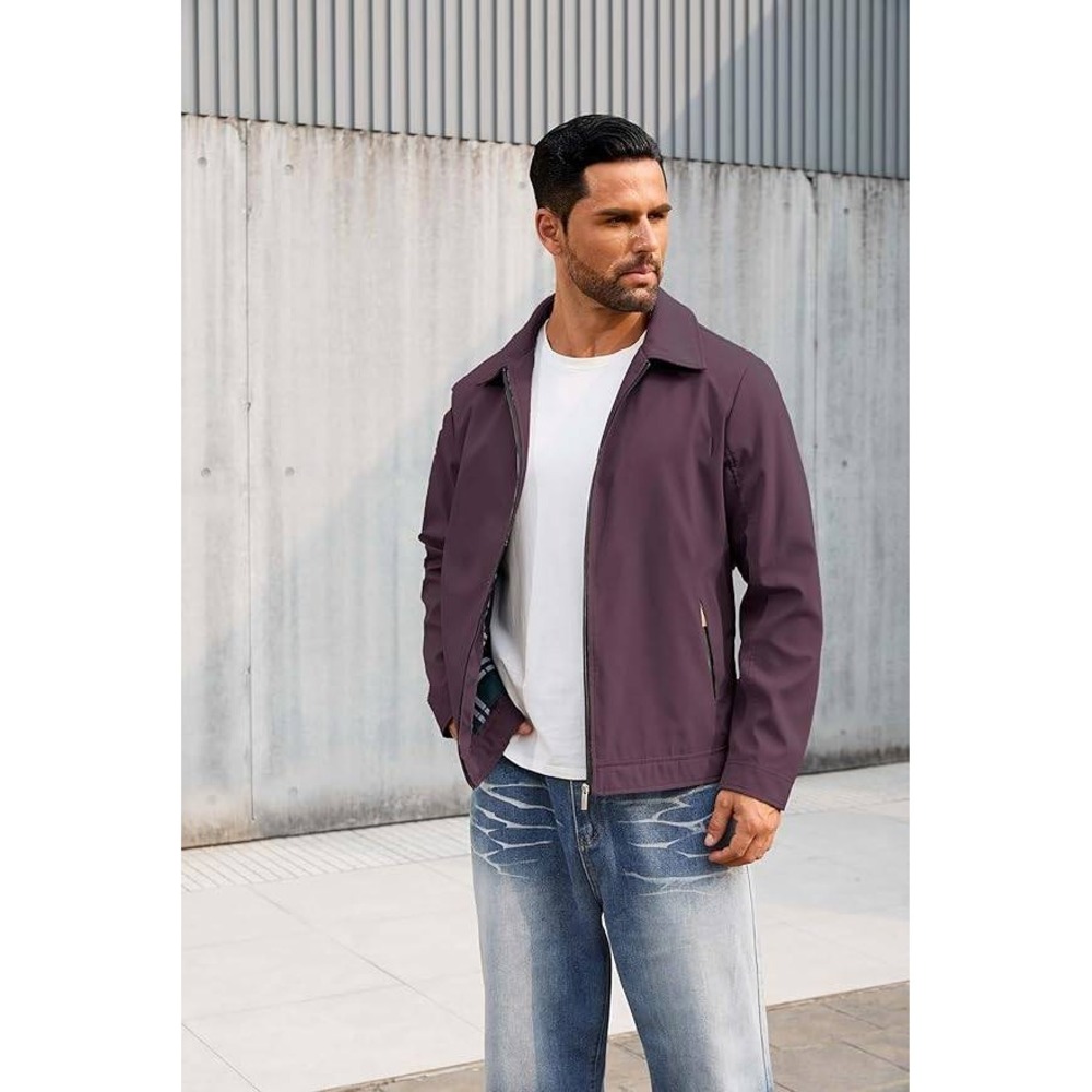 Mens Plum Purple Harrington Jacket Full Zip Plaid Lined Casual Windbreaker Coat - Picture 4 of 5